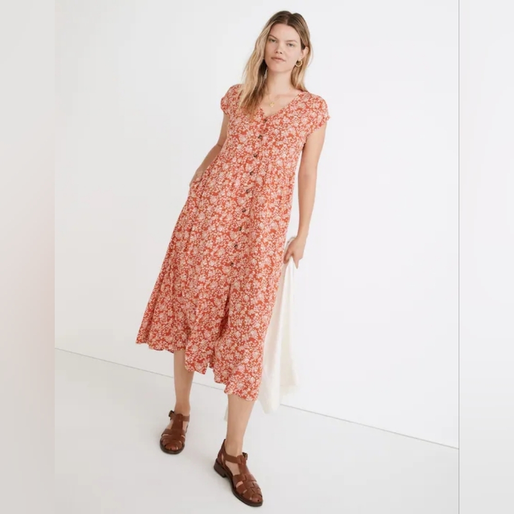 Madewell Button-Front Midi Dress Piazza Floral Red White Flower V-neck Small